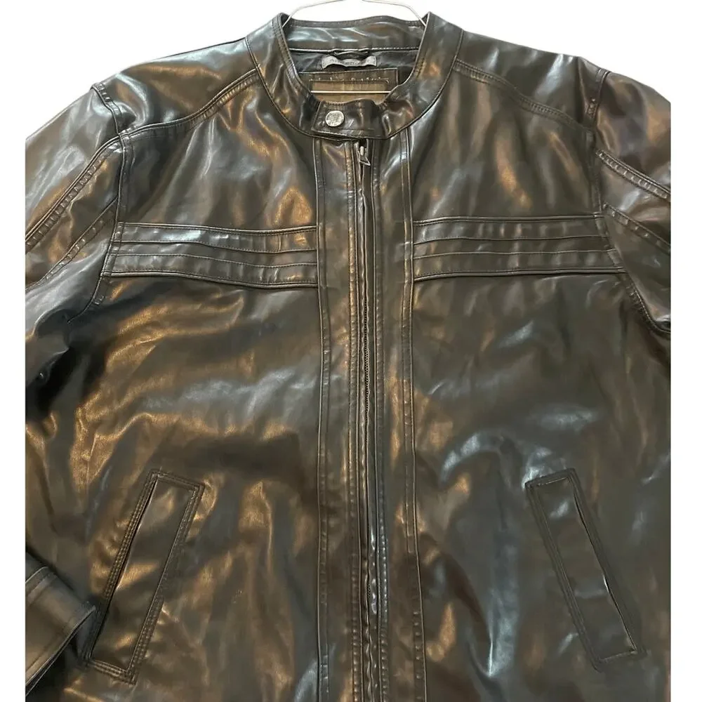 BKE Mens Vtg Quality Faux Leather DK Brown LS Moto Jacket Band Collar Zip XL